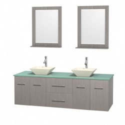 72 inch Double Bathroom Vanity in Gray Oak, Green Glass Countertop, Pyra Bone Porcelain Sinks, and 24 inch Mirrors
