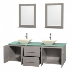 72 inch Double Bathroom Vanity in Gray Oak, Green Glass Countertop, Pyra Bone Porcelain Sinks, and 24 inch Mirrors