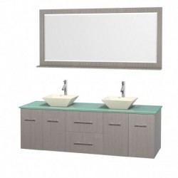 72 inch Double Bathroom Vanity in Gray Oak, Green Glass Countertop, Pyra Bone Porcelain Sinks, and 70 inch Mirror