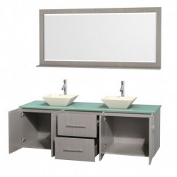 72 inch Double Bathroom Vanity in Gray Oak, Green Glass Countertop, Pyra Bone Porcelain Sinks, and 70 inch Mirror