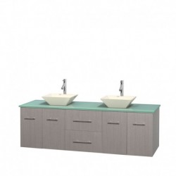72 inch Double Bathroom Vanity in Gray Oak, Green Glass Countertop, Pyra Bone Porcelain Sinks, and No Mirror