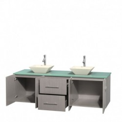 72 inch Double Bathroom Vanity in Gray Oak, Green Glass Countertop, Pyra Bone Porcelain Sinks, and No Mirror