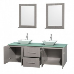 72 inch Double Bathroom Vanity in Gray Oak, Green Glass Countertop, Pyra White Porcelain Sinks, and 24 inch Mirrors