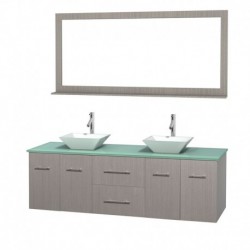 72 inch Double Bathroom Vanity in Gray Oak, Green Glass Countertop, Pyra White Porcelain Sinks, and 70 inch Mirror