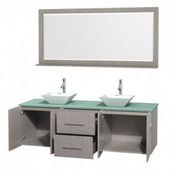 72 inch Double Bathroom Vanity in Gray Oak, Green Glass Countertop, Pyra White Porcelain Sinks, and 70 inch Mirror