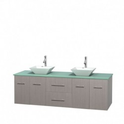 72 inch Double Bathroom Vanity in Gray Oak, Green Glass Countertop, Pyra White Porcelain Sinks, and No Mirror