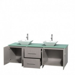 72 inch Double Bathroom Vanity in Gray Oak, Green Glass Countertop, Pyra White Porcelain Sinks, and No Mirror