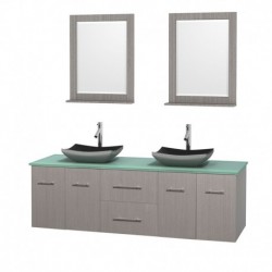 72 inch Double Bathroom Vanity in Gray Oak, Green Glass Countertop, Altair Black Granite Sinks, and 24 inch Mirrors