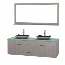 72 inch Double Bathroom Vanity in Gray Oak, Green Glass Countertop, Altair Black Granite Sinks, and 70 inch Mirror