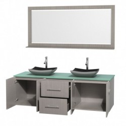 72 inch Double Bathroom Vanity in Gray Oak, Green Glass Countertop, Altair Black Granite Sinks, and 70 inch Mirror