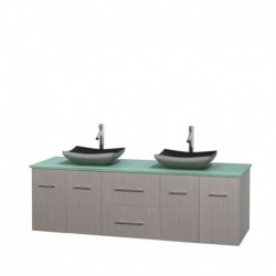 72 inch Double Bathroom Vanity in Gray Oak, Green Glass Countertop, Altair Black Granite Sinks, and No Mirror