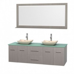 72 inch Double Bathroom Vanity in Gray Oak, Green Glass Countertop, Avalon Ivory Marble Sinks, and 70 inch Mirror