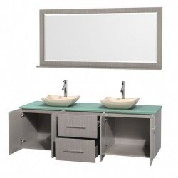 72 inch Double Bathroom Vanity in Gray Oak, Green Glass Countertop, Avalon Ivory Marble Sinks, and 70 inch Mirror