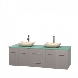 72 inch Double Bathroom Vanity in Gray Oak, Green Glass Countertop, Avalon Ivory Marble Sinks, and No Mirror