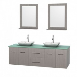 72 inch Double Bathroom Vanity in Gray Oak, Green Glass Countertop, Avalon White Carrera Marble Sinks, and 24 inch Mirrors