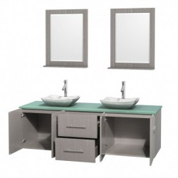 72 inch Double Bathroom Vanity in Gray Oak, Green Glass Countertop, Avalon White Carrera Marble Sinks, and 24 inch Mirrors