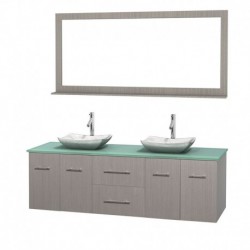 72 inch Double Bathroom Vanity in Gray Oak, Green Glass Countertop, Avalon White Carrera Marble Sinks, and 70 inch Mirror