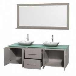 72 inch Double Bathroom Vanity in Gray Oak, Green Glass Countertop, Avalon White Carrera Marble Sinks, and 70 inch Mirror
