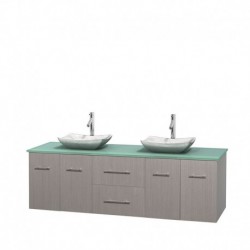 72 inch Double Bathroom Vanity in Gray Oak, Green Glass Countertop, Avalon White Carrera Marble Sinks, and No Mirror