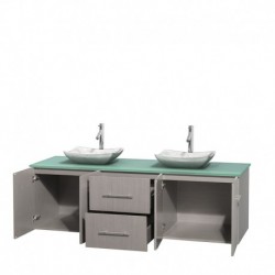 72 inch Double Bathroom Vanity in Gray Oak, Green Glass Countertop, Avalon White Carrera Marble Sinks, and No Mirror