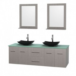 72 inch Double Bathroom Vanity in Gray Oak, Green Glass Countertop, Arista Black Granite Sinks, and 24 inch Mirrors