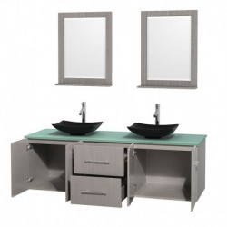 72 inch Double Bathroom Vanity in Gray Oak, Green Glass Countertop, Arista Black Granite Sinks, and 24 inch Mirrors