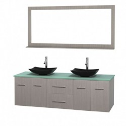 72 inch Double Bathroom Vanity in Gray Oak, Green Glass Countertop, Arista Black Granite Sinks, and 70 inch Mirror