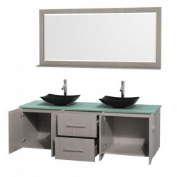 72 inch Double Bathroom Vanity in Gray Oak, Green Glass Countertop, Arista Black Granite Sinks, and 70 inch Mirror