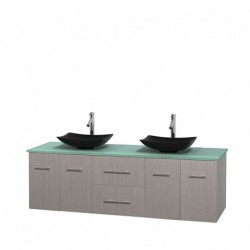 72 inch Double Bathroom Vanity in Gray Oak, Green Glass Countertop, Arista Black Granite Sinks, and No Mirror