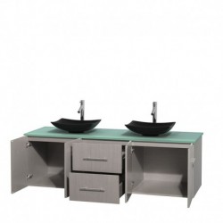 72 inch Double Bathroom Vanity in Gray Oak, Green Glass Countertop, Arista Black Granite Sinks, and No Mirror