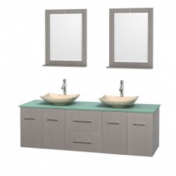 72 inch Double Bathroom Vanity in Gray Oak, Green Glass Countertop, Arista Ivory Marble Sinks, and 24 inch Mirrors