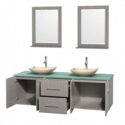 72 inch Double Bathroom Vanity in Gray Oak, Green Glass Countertop, Arista Ivory Marble Sinks, and 24 inch Mirrors