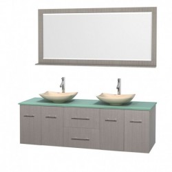 72 inch Double Bathroom Vanity in Gray Oak, Green Glass Countertop, Arista Ivory Marble Sinks, and 70 inch Mirror