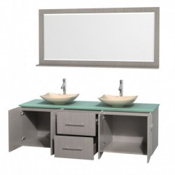 72 inch Double Bathroom Vanity in Gray Oak, Green Glass Countertop, Arista Ivory Marble Sinks, and 70 inch Mirror