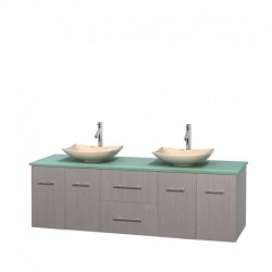 72 inch Double Bathroom Vanity in Gray Oak, Green Glass Countertop, Arista Ivory Marble Sinks, and No Mirror