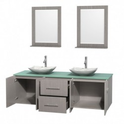 72 inch Double Bathroom Vanity in Gray Oak, Green Glass Countertop, Arista White Carrera Marble Sinks, and 24 inch Mirrors