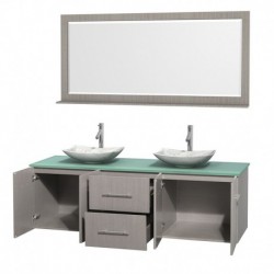 72 inch Double Bathroom Vanity in Gray Oak, Green Glass Countertop, Arista White Carrera Marble Sinks, and 70 inch Mirror
