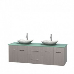 72 inch Double Bathroom Vanity in Gray Oak, Green Glass Countertop, Arista White Carrera Marble Sinks, and No Mirror