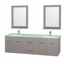 72 inch Double Bathroom Vanity in Gray Oak, Green Glass Countertop, Undermount Square Sink, and 24 inch Mirrors