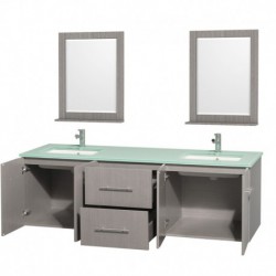 72 inch Double Bathroom Vanity in Gray Oak, Green Glass Countertop, Undermount Square Sink, and 24 inch Mirrors