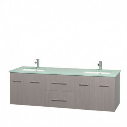 72 inch Double Bathroom Vanity in Gray Oak, Green Glass Countertop, Undermount Square Sinks, and No Mirror