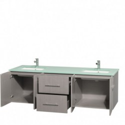 72 inch Double Bathroom Vanity in Gray Oak, Green Glass Countertop, Undermount Square Sinks, and No Mirror