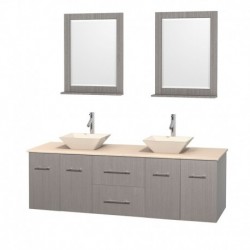 72 inch Double Bathroom Vanity in Gray Oak, Ivory Marble Countertop, Pyra Bone Porcelain Sinks, and 24 inch Mirrors