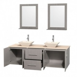 72 inch Double Bathroom Vanity in Gray Oak, Ivory Marble Countertop, Pyra Bone Porcelain Sinks, and 24 inch Mirrors