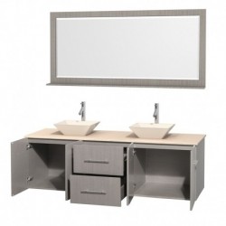 72 inch Double Bathroom Vanity in Gray Oak, Ivory Marble Countertop, Pyra Bone Porcelain Sinks, and 70 inch Mirror