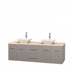 72 inch Double Bathroom Vanity in Gray Oak, Ivory Marble Countertop, Pyra Bone Porcelain Sinks, and No Mirror
