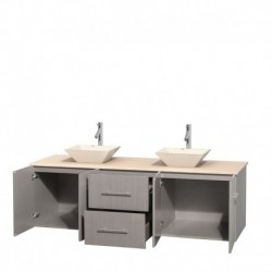 72 inch Double Bathroom Vanity in Gray Oak, Ivory Marble Countertop, Pyra Bone Porcelain Sinks, and No Mirror
