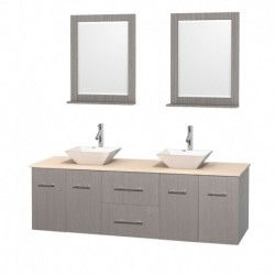 72 inch Double Bathroom Vanity in Gray Oak, Ivory Marble Countertop, Pyra White Porcelain Sinks, and 24 inch Mirrors