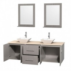 72 inch Double Bathroom Vanity in Gray Oak, Ivory Marble Countertop, Pyra White Porcelain Sinks, and 24 inch Mirrors