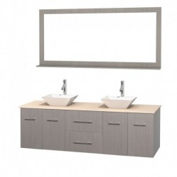 72 inch Double Bathroom Vanity in Gray Oak, Ivory Marble Countertop, Pyra White Porcelain Sinks, and 70 inch Mirror